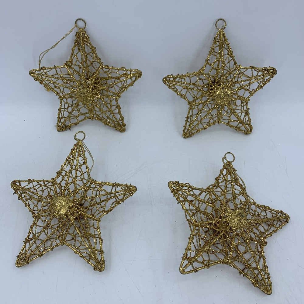 4- Gold Puffed Metal 5-6" Star Christmas Ornaments Rustic Prim Farmhouse